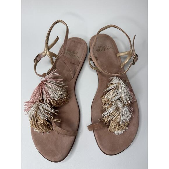 Stuart Weitzman Sandals Womens Size 7.5 Tassel Suede Leather Flat Shoes - Picture 4 of 12